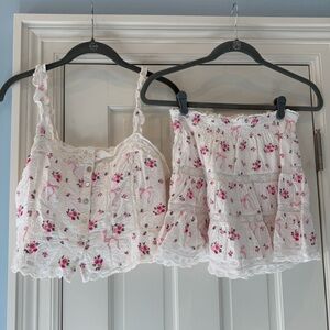 LoveShackFancy Floral and Bow Embroidered Lace Trim Cami and Skirt Set Size S